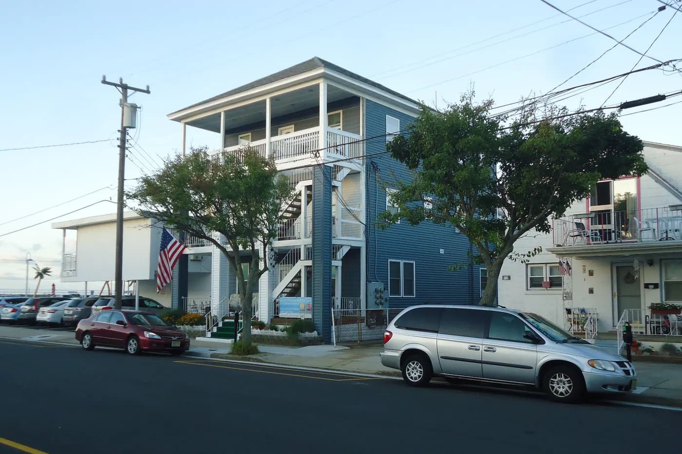 A multi-storey house with stacked porches on a street in Wildwood, New Jersey