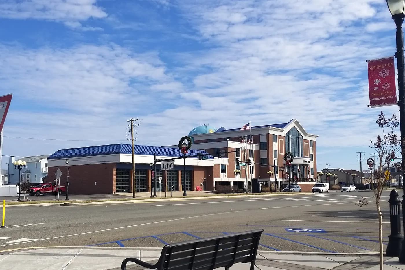 Sea Isle City Hall and the surrounding streetscape in Sea Isle City, New Jersey