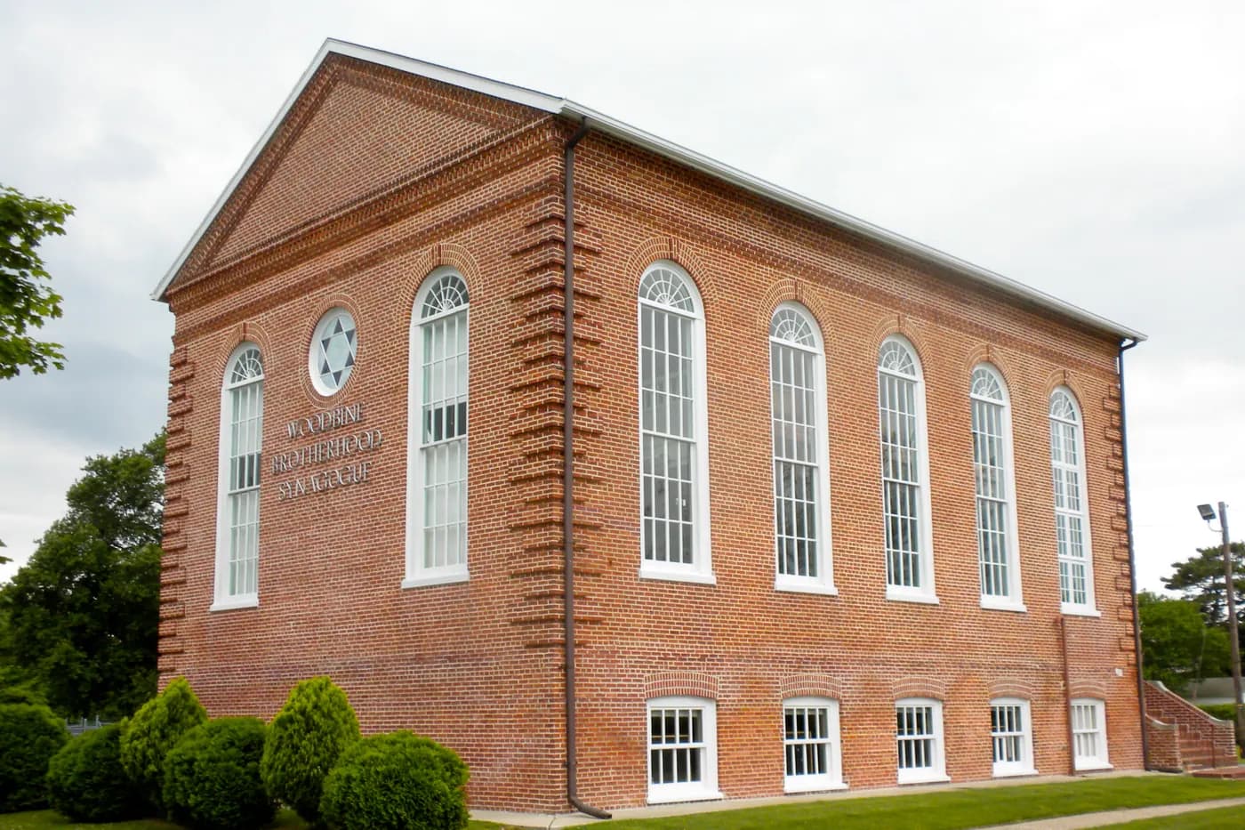 The brick Woodbine Brotherhood Synagogue, listed on the National Register, on Washington Avenue in Woodbine, New Jersey